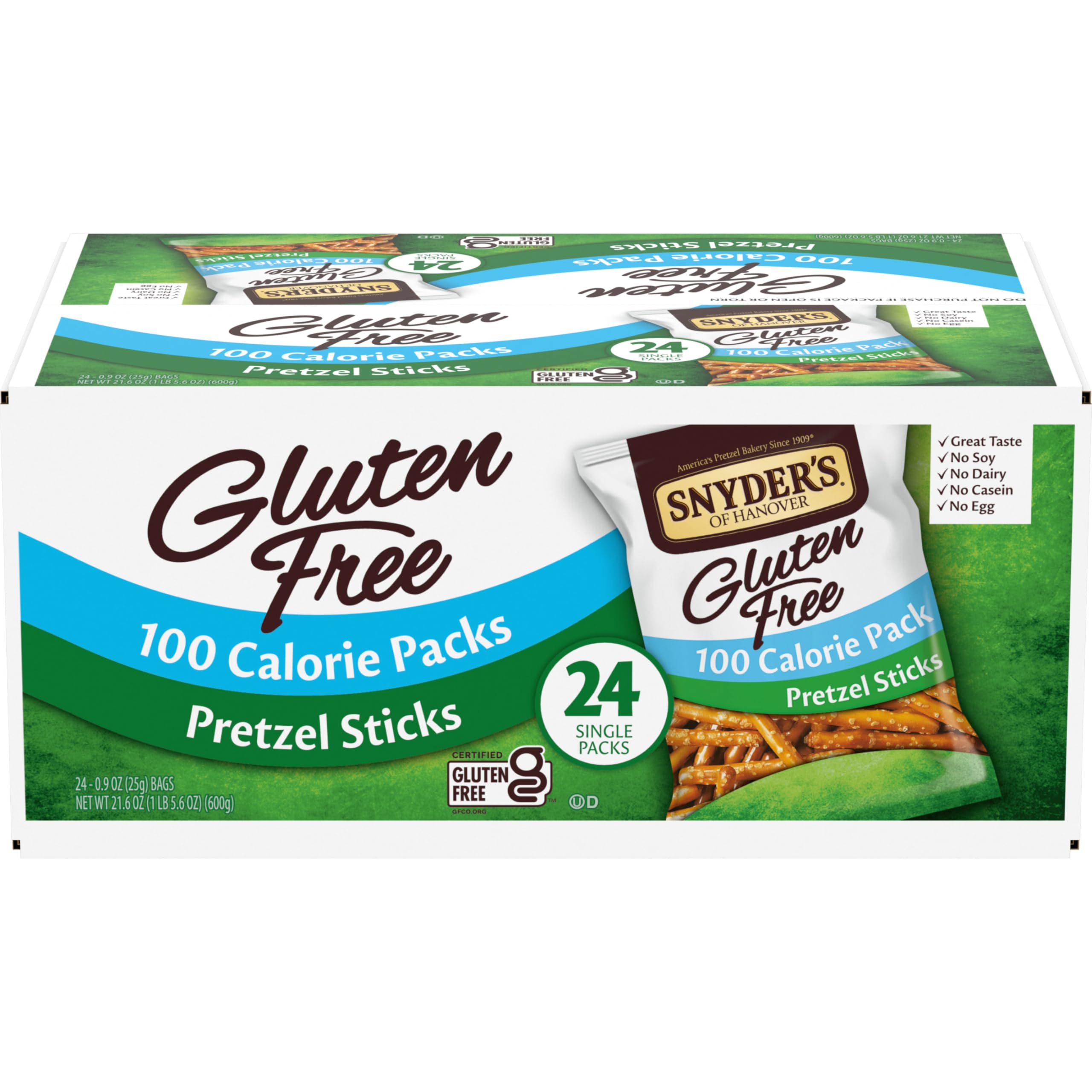 Snyder's gluten-free pretzel sticks in 100-calorie pack, crisp and satisfying.