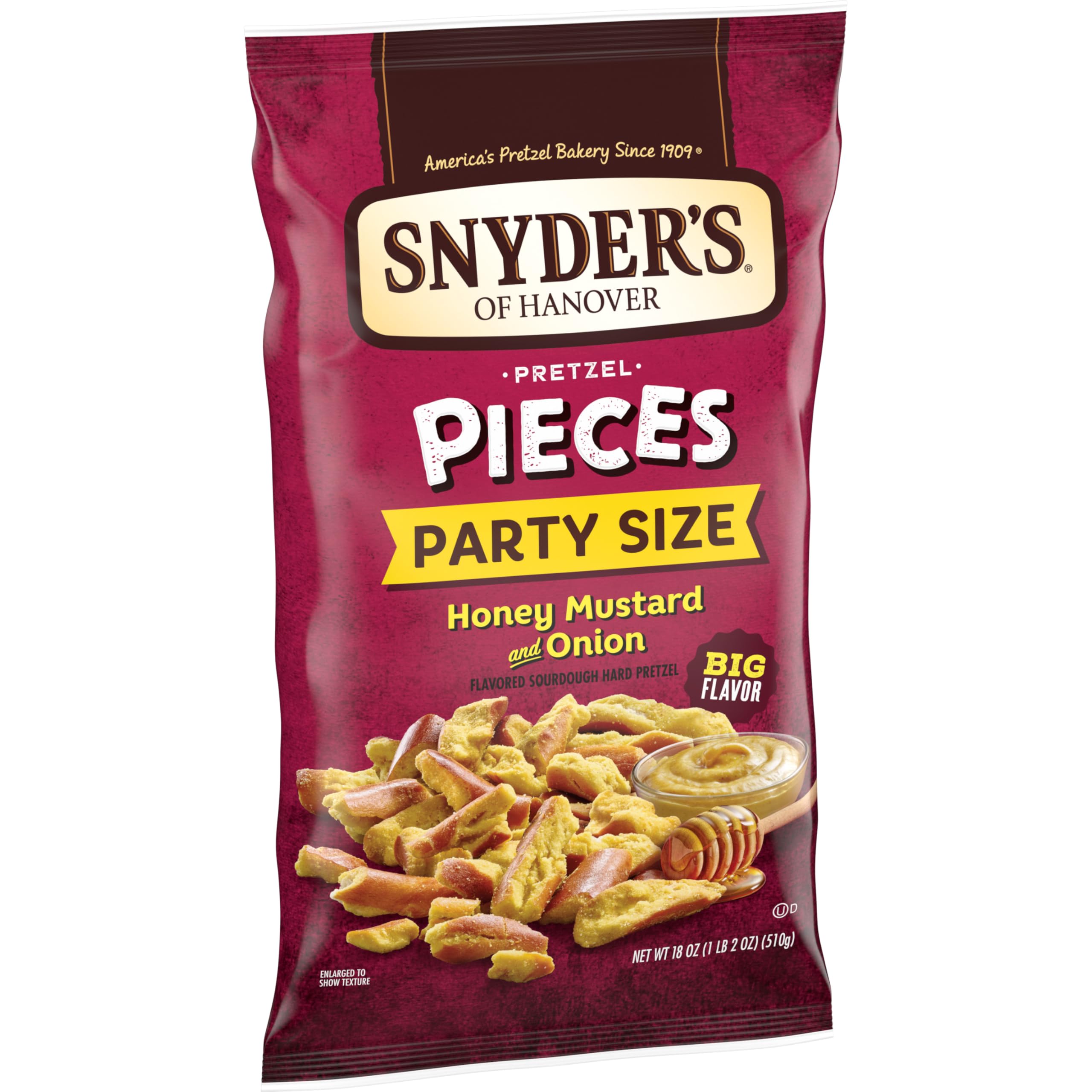 Ready-to-serve 18-ounce bag of Honey Mustard & Onion pretzel pieces
