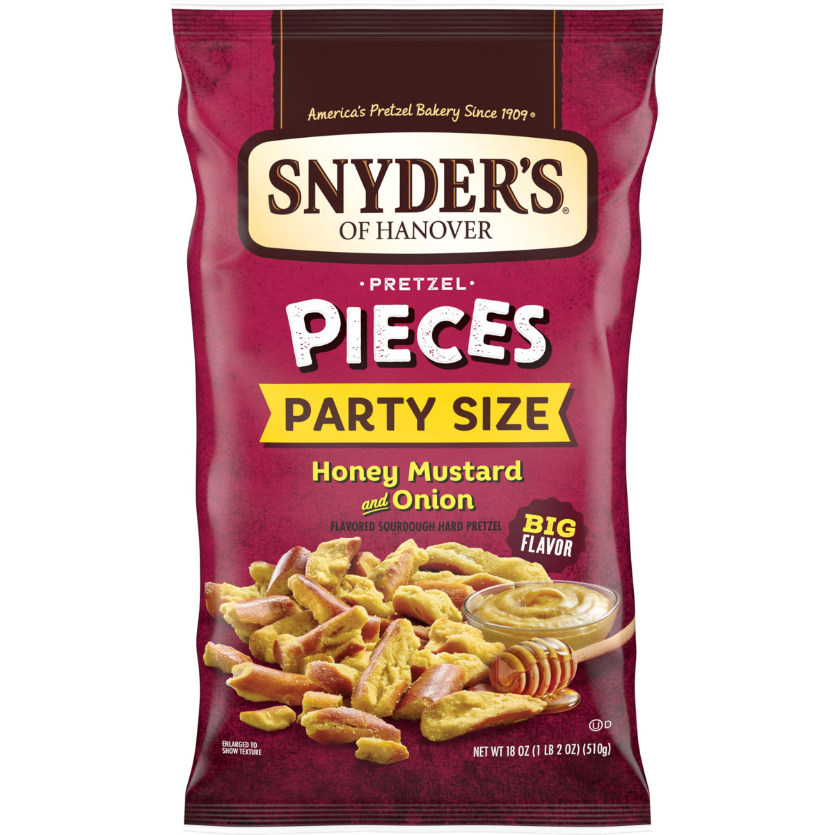 Snyder's of Hanover Honey Mustard & Onion pretzel pieces in a bag front, great for game-day snacking