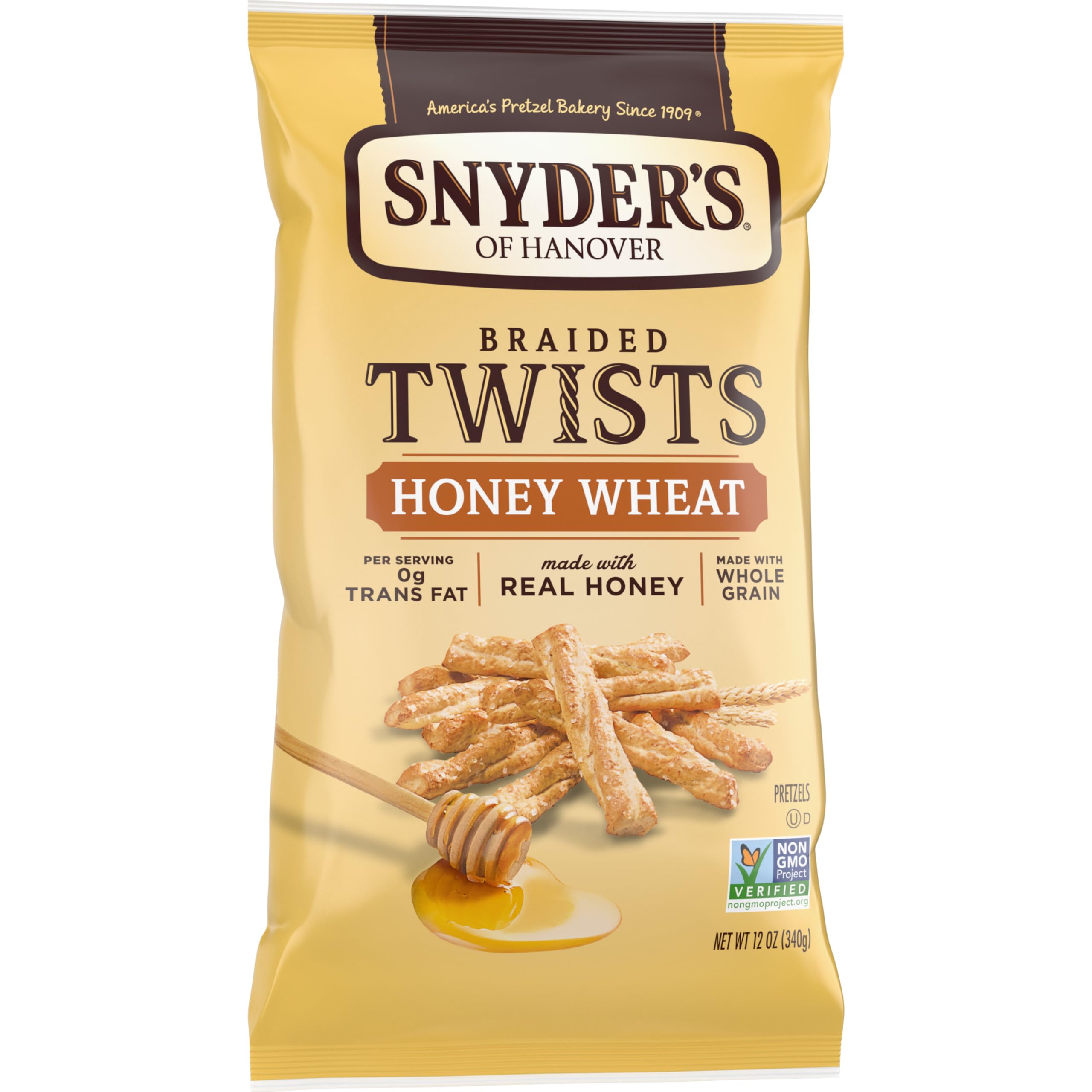 Snyder's of Hanover Honey Wheat Braided Twists baked to a crunchy finish.