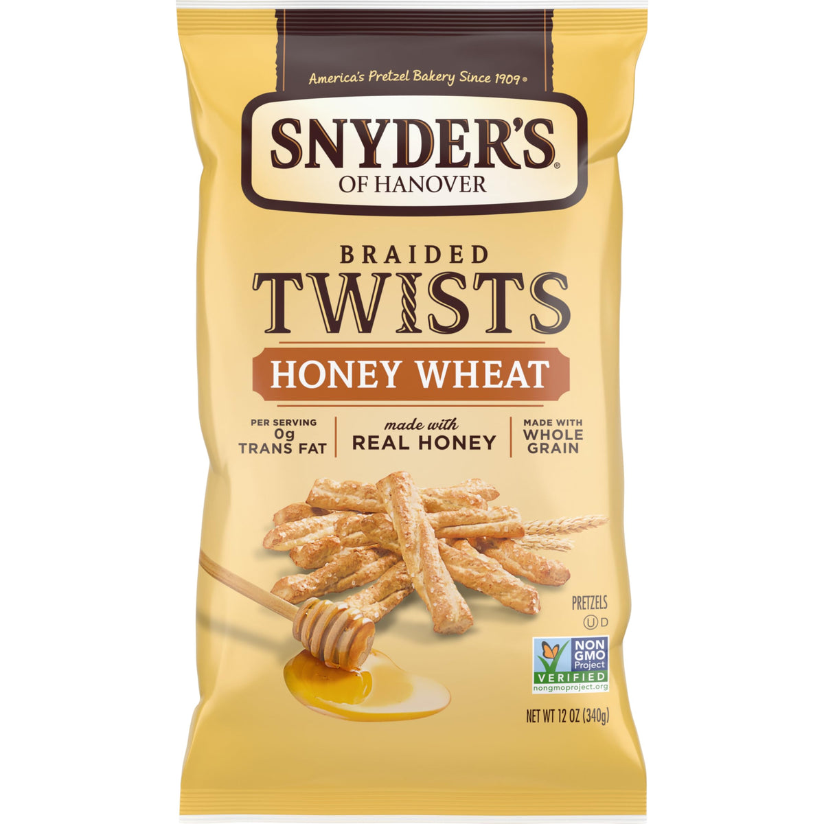 Snyder's of Hanover Honey Wheat Braided Twists in a shareable bag for gatherings.