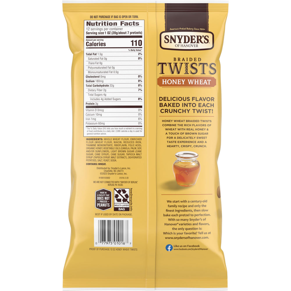 Snyder's of Hanover Honey Wheat Braided Twists ingredient shot, whole wheat and real honey.