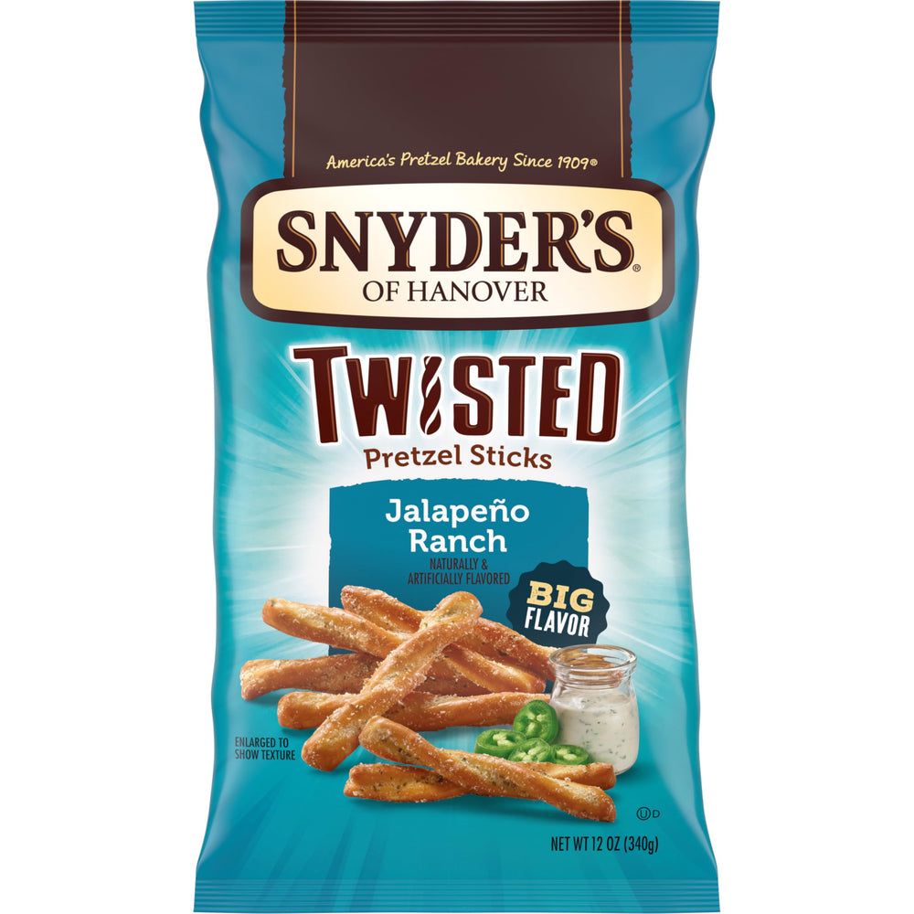 Snyder's of Hanover Jalapeño Ranch Twisted Pretzel Sticks pack shot highlights bold jalapeño flavor, ideal for sharing.