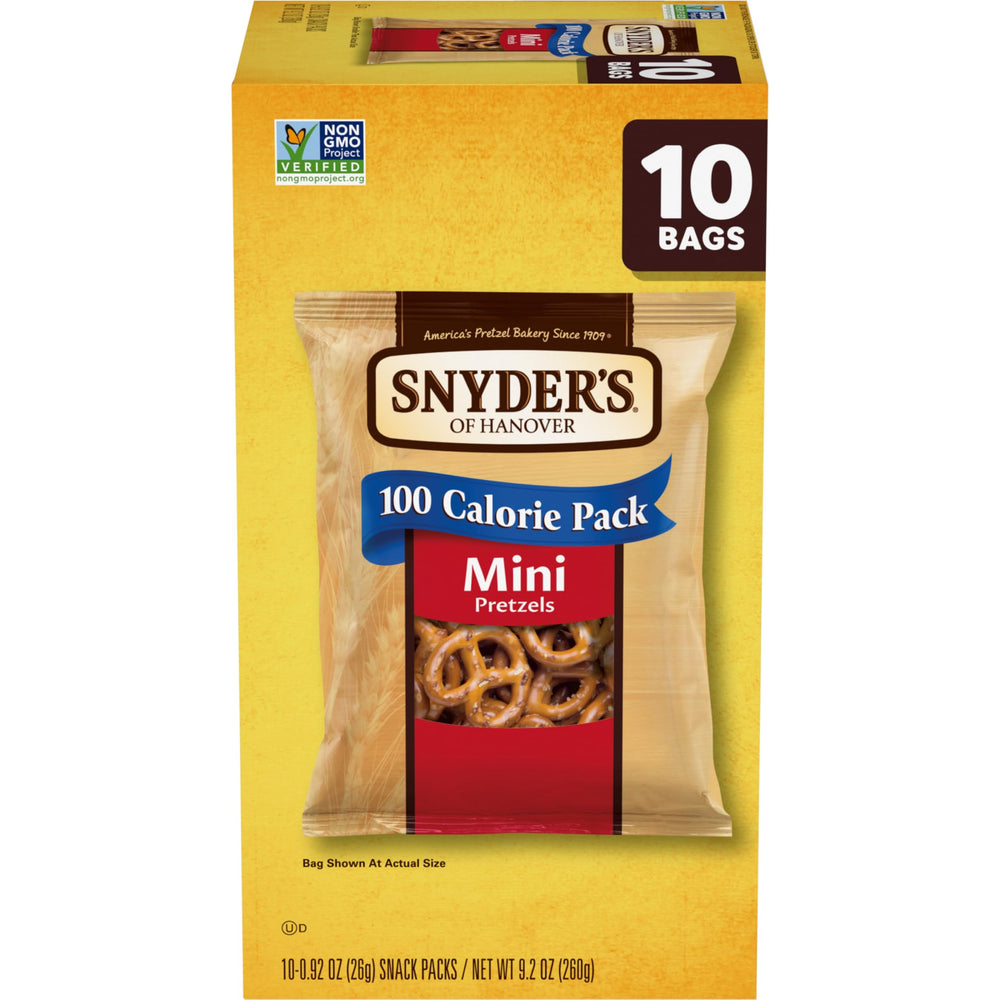 Snyder's of Hanover mini pretzels 10-pack box for on-the-go crunch.
