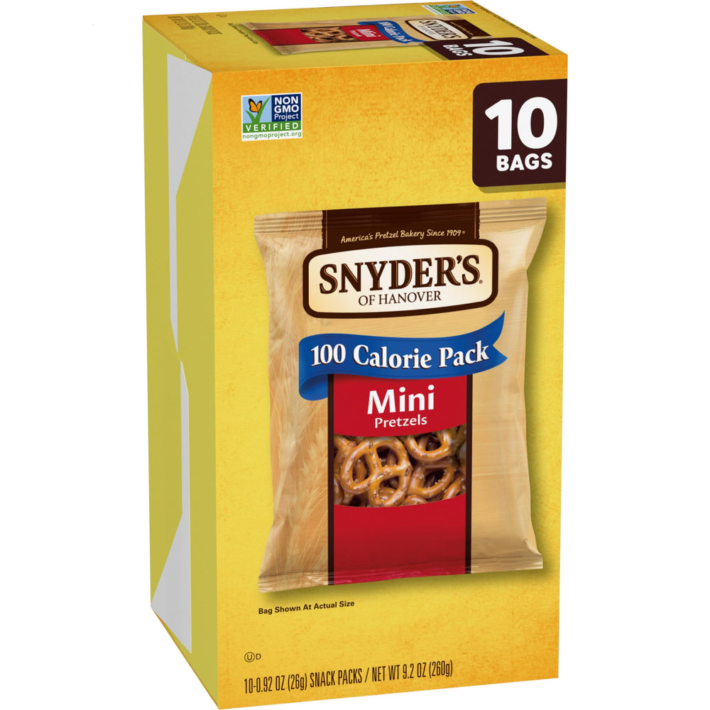 Non-GMO Project Verified Snyder's mini pretzels snack choice.