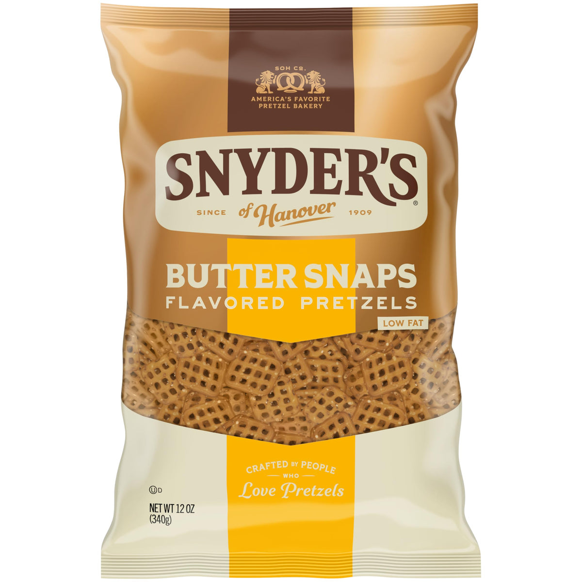 Snyder's of Hanover Butter Snaps pretzels in a bag with buttery crunch for snacking.