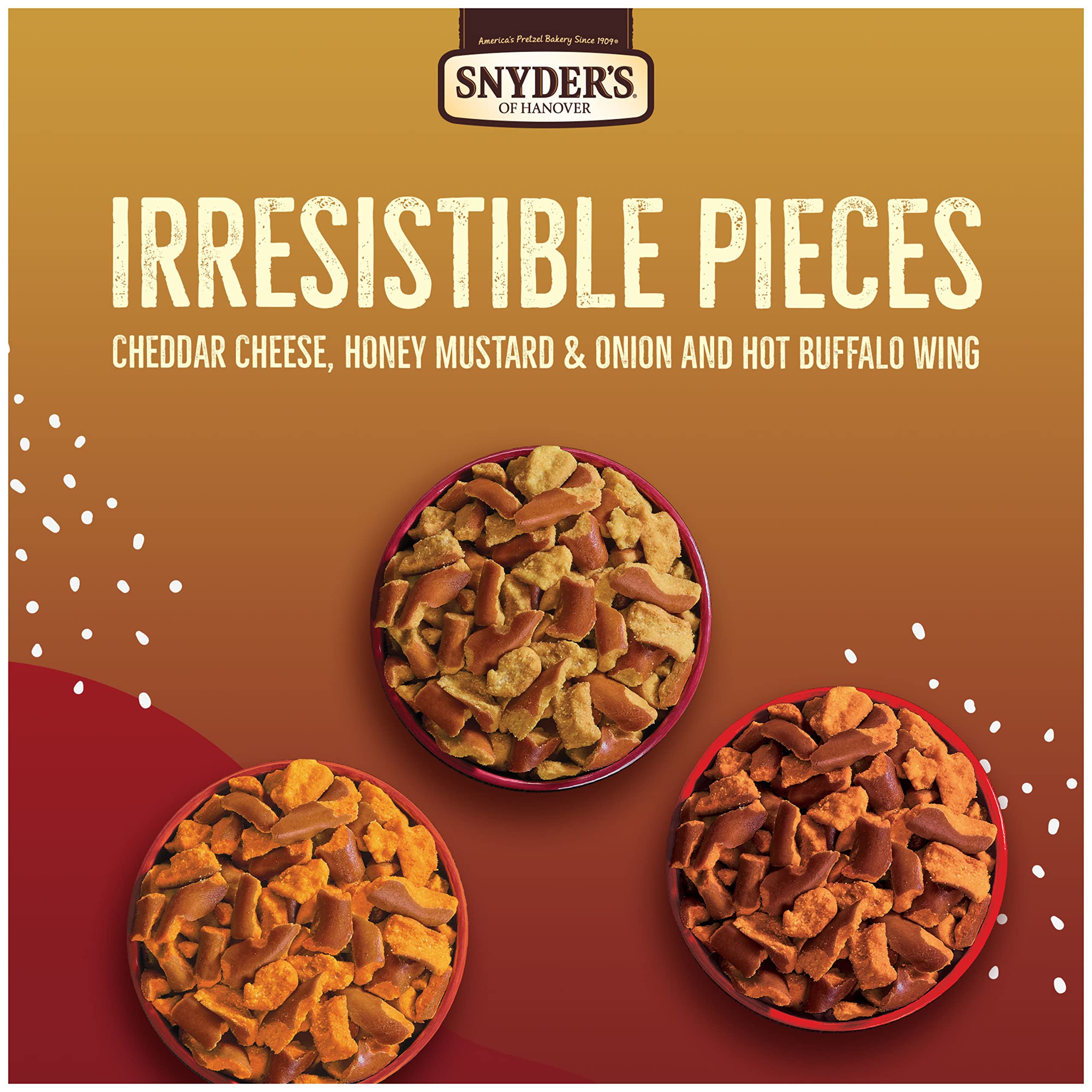Snyder's Cheddar Cheese flavor pretzel pieces crunchy bite-sized snack