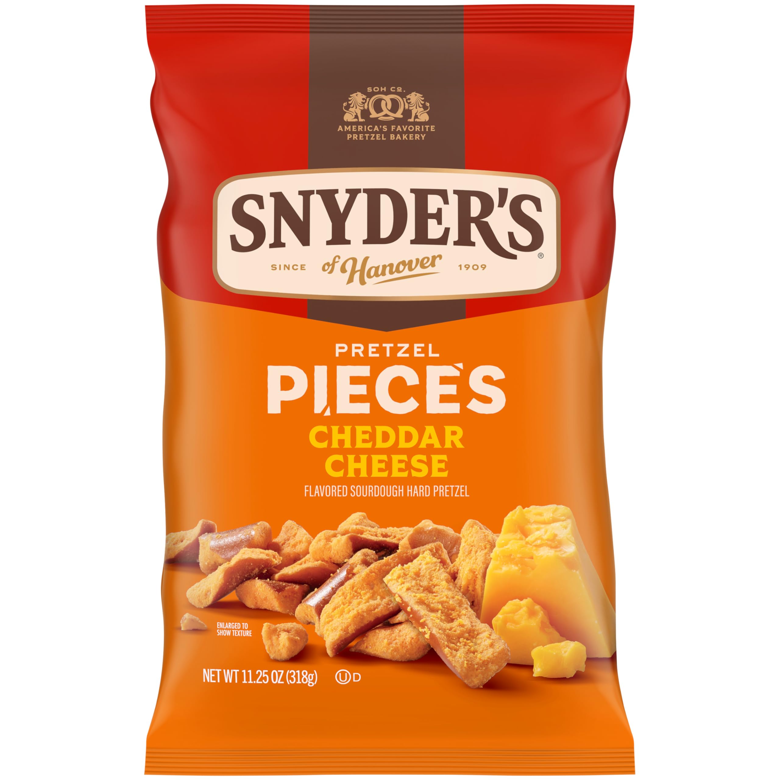 Snyder's of Hanover cheddar pretzel pieces bag front for quick snacking