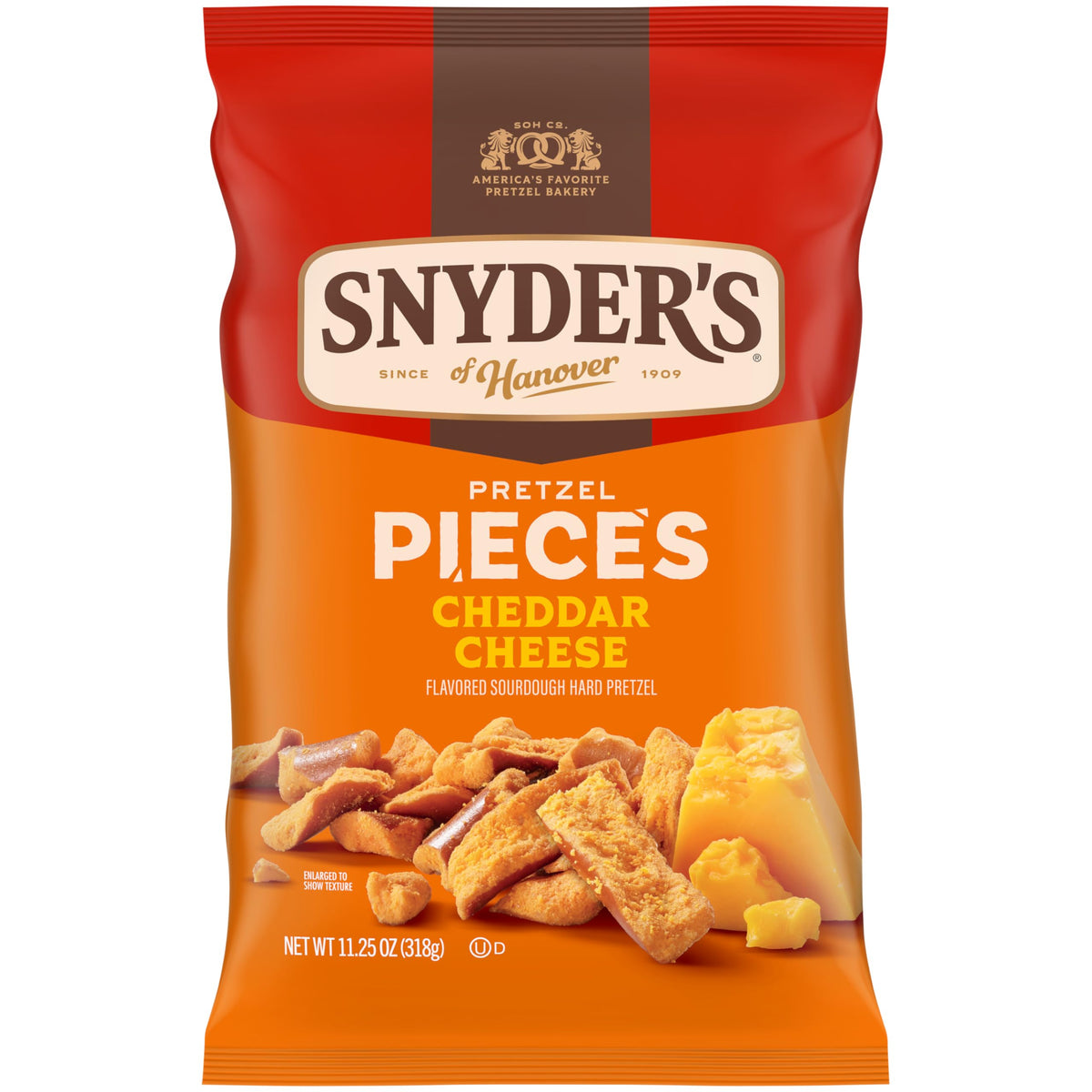 Snyder's of Hanover cheddar pretzel pieces bag front for quick snacking