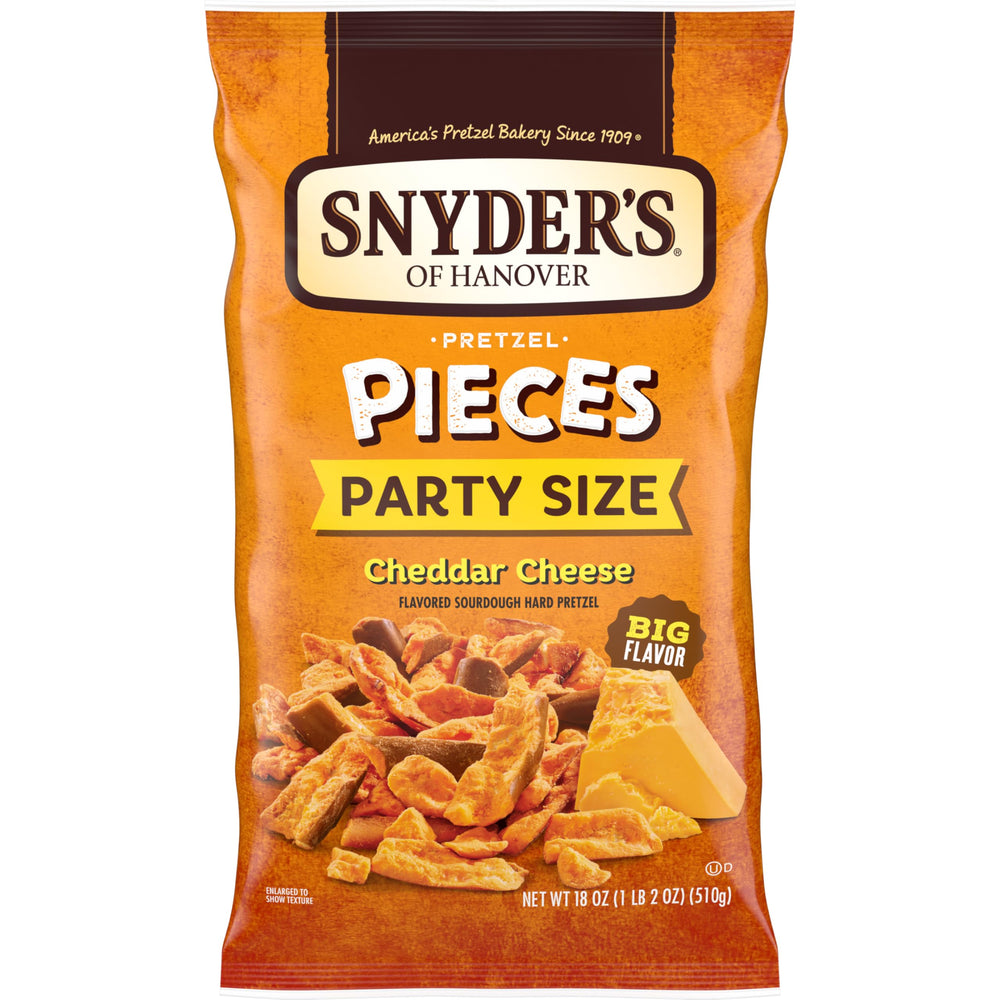 Snyder's of Hanover Cheddar Pretzel Pieces bag highlighting bold cheddar flavor for snacking.