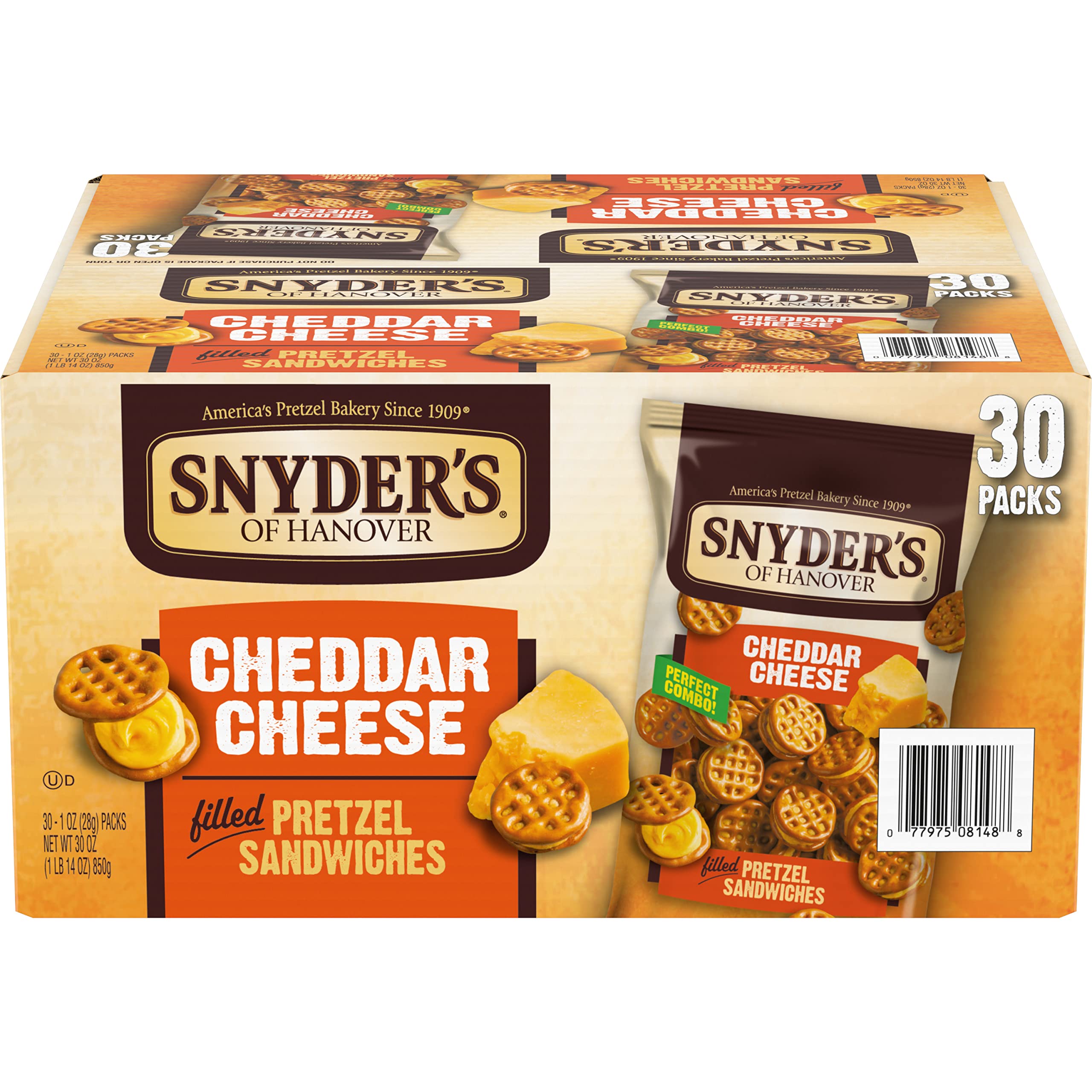Snyder's of Hanover cheddar pretzel sandwiches packaging, ideal for sharing as a quick snack.