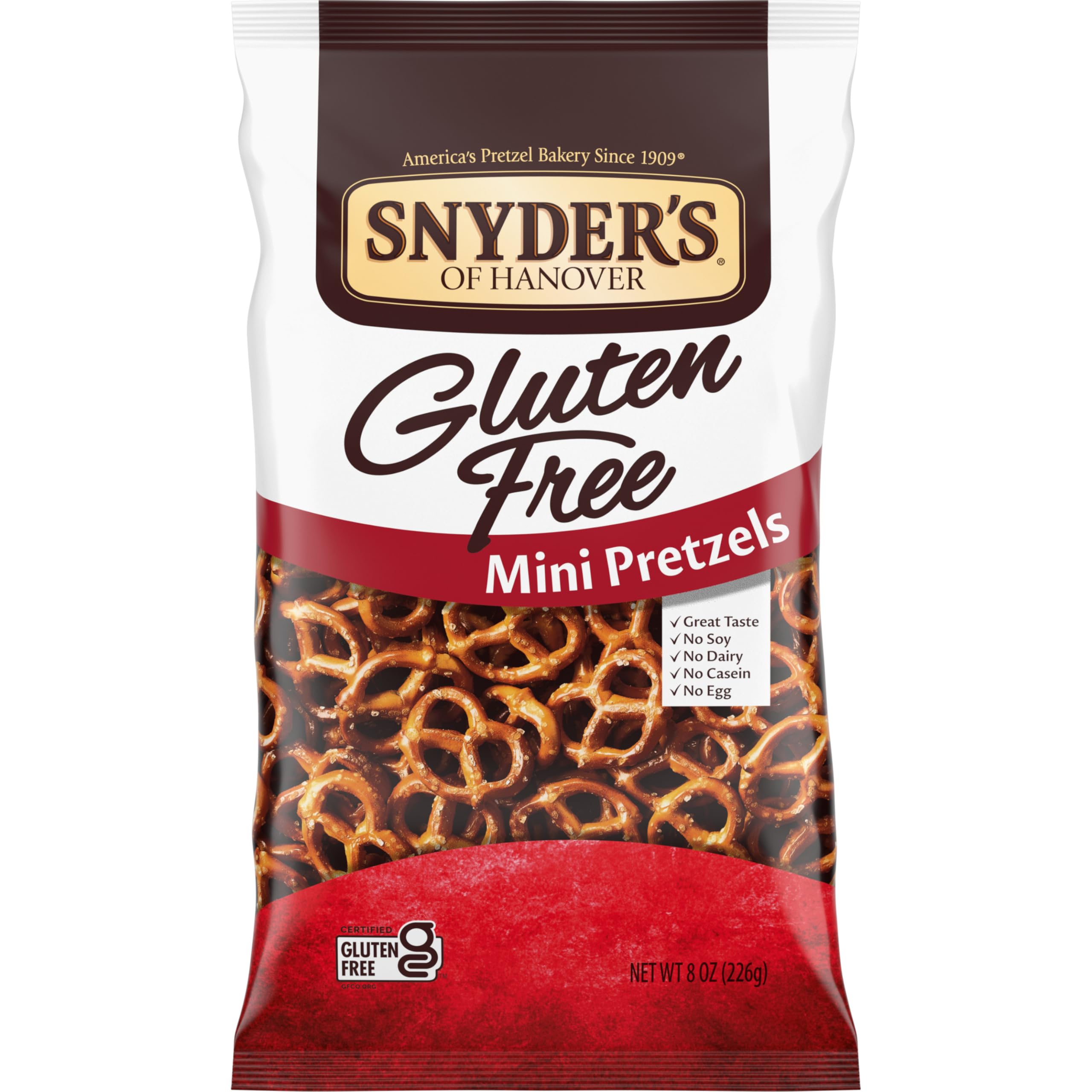 Snyder's of Hanover gluten-free mini pretzels bag on the counter, ideal gluten-free snack.