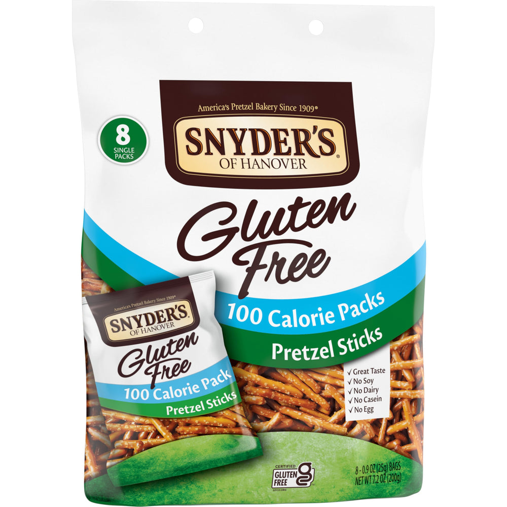 Snyder's of Hanover gluten-free pretzel sticks non-GMO facility label, peanut-free environment