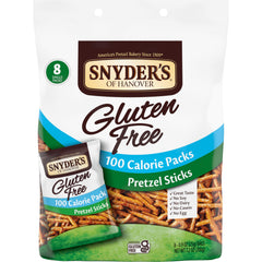 Snyder's of Hanover gluten-free pretzel sticks front view on display, gluten-free snack option