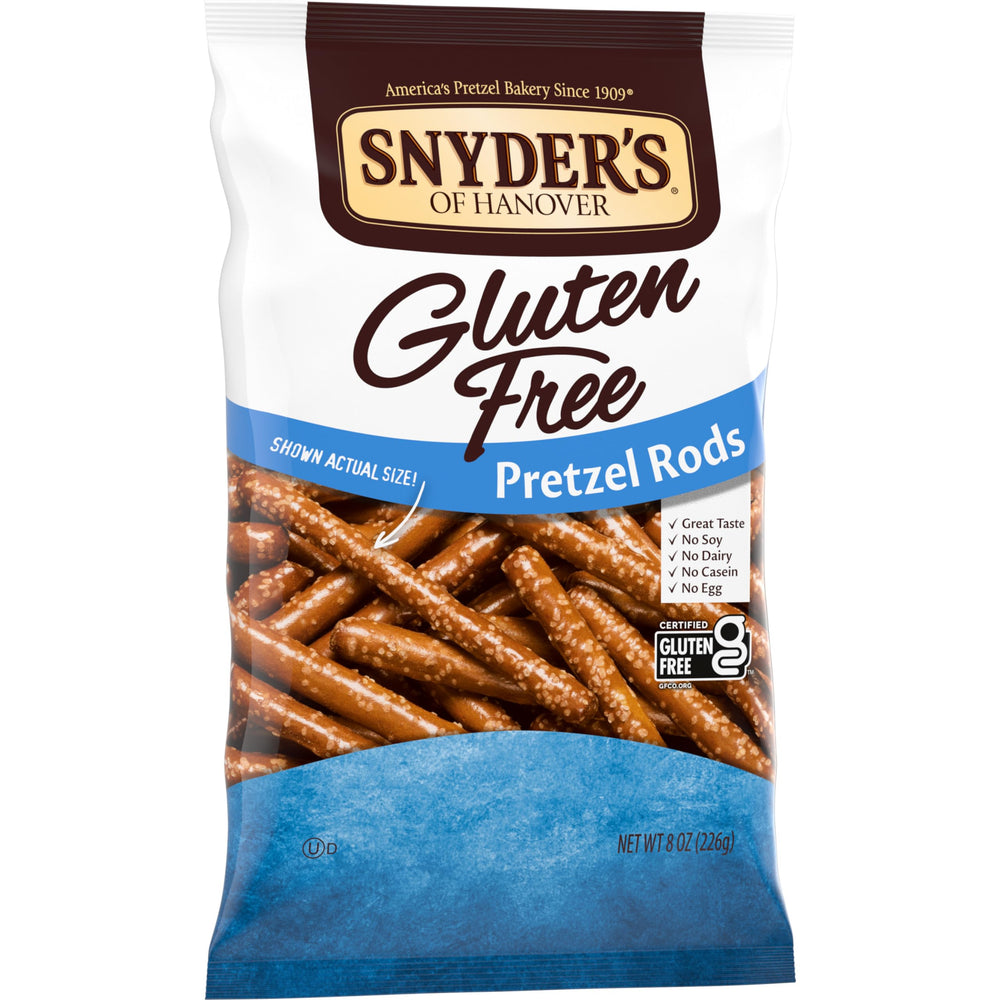 Snyder's of Hanover gluten-free pretzel rods in lunchbox, on-the-go snack.