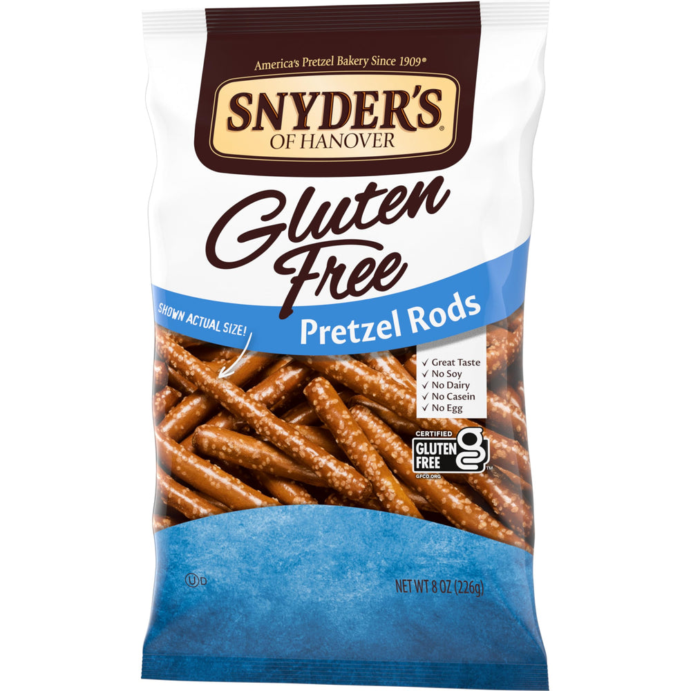 Snyder's of Hanover gluten-free pretzel bag, shareable 8-ounce portion.
