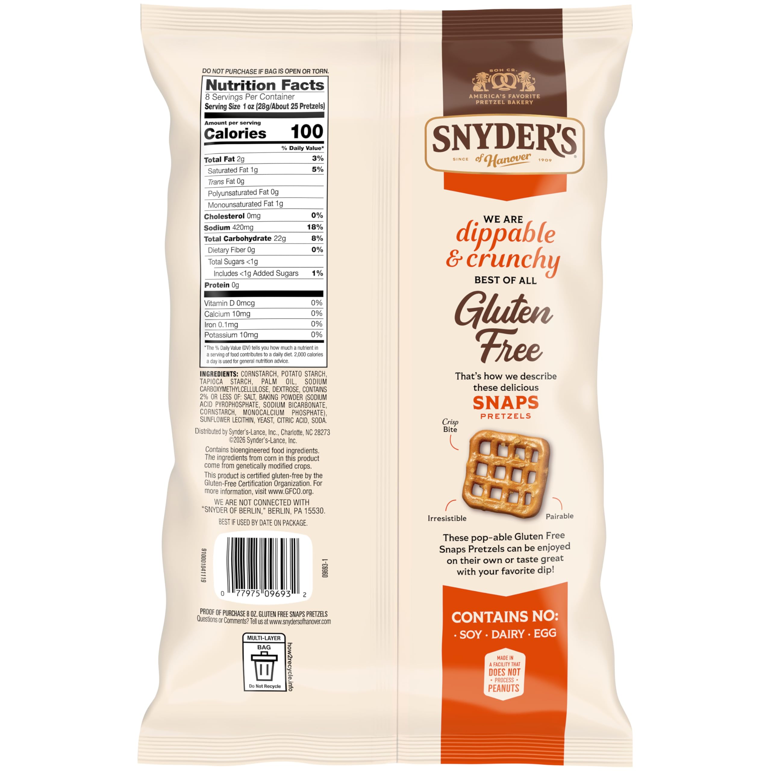 Close-up texture of Snyder's Gluten Free Snaps showing crunchy checkerboard.