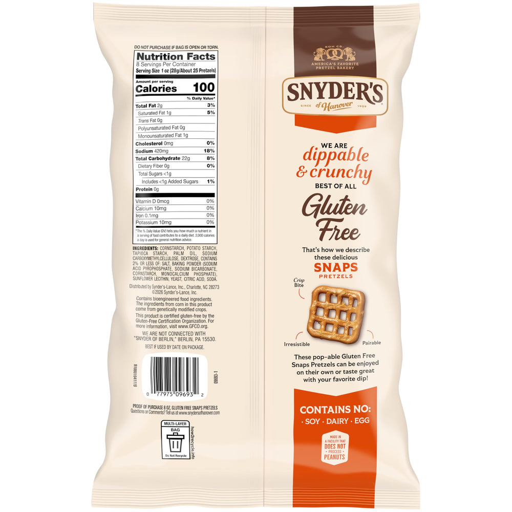 Close-up texture of Snyder's Gluten Free Snaps showing crunchy checkerboard.