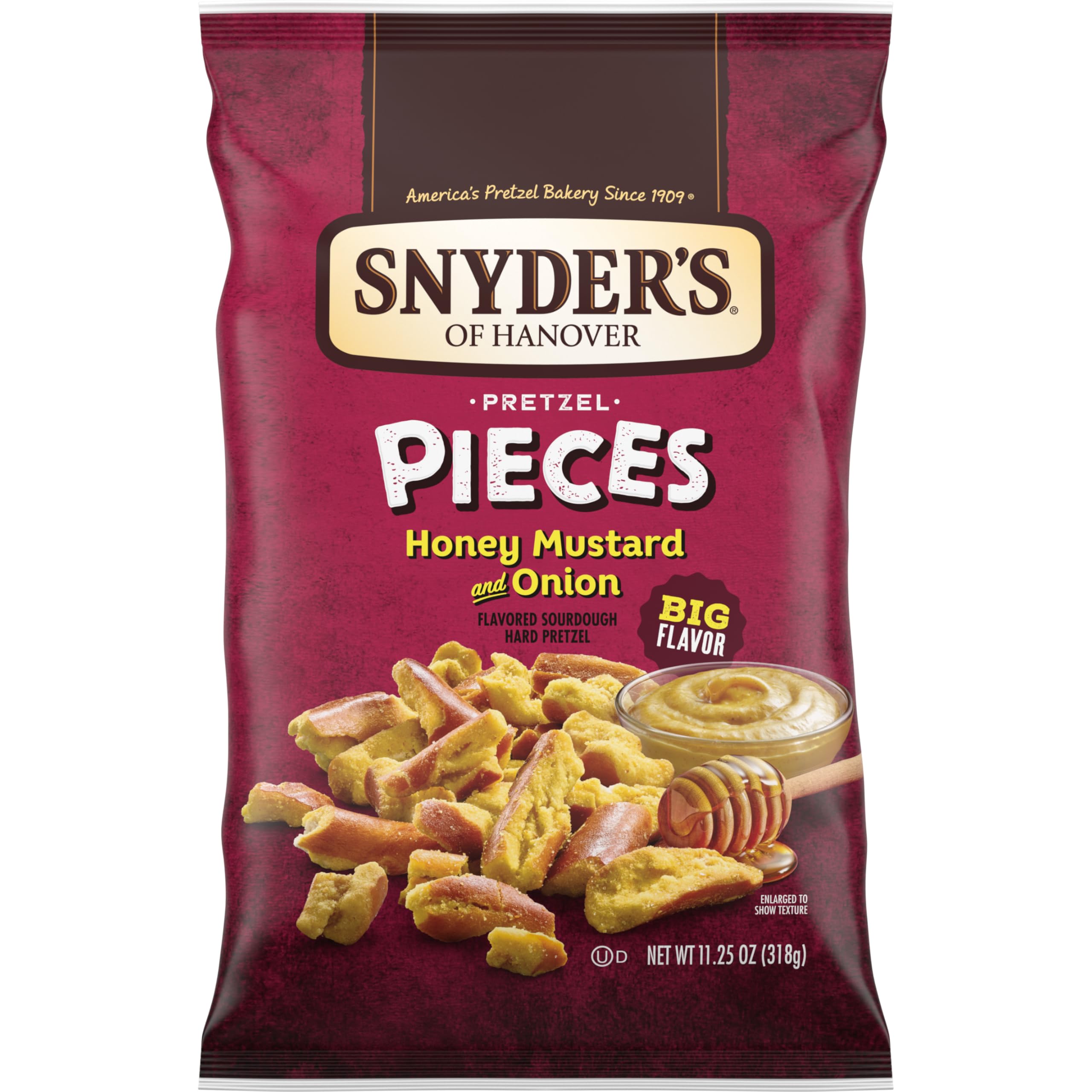 Snyder's of Hanover Honey Mustard Onion Pretzel Pieces bag close-up showing crave-worthy crunch