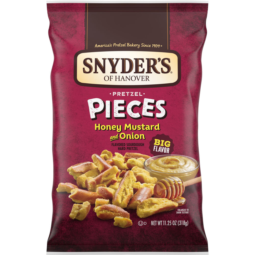 Snyder's of Hanover Honey Mustard Onion Pretzel Pieces bag close-up showing crave-worthy crunch