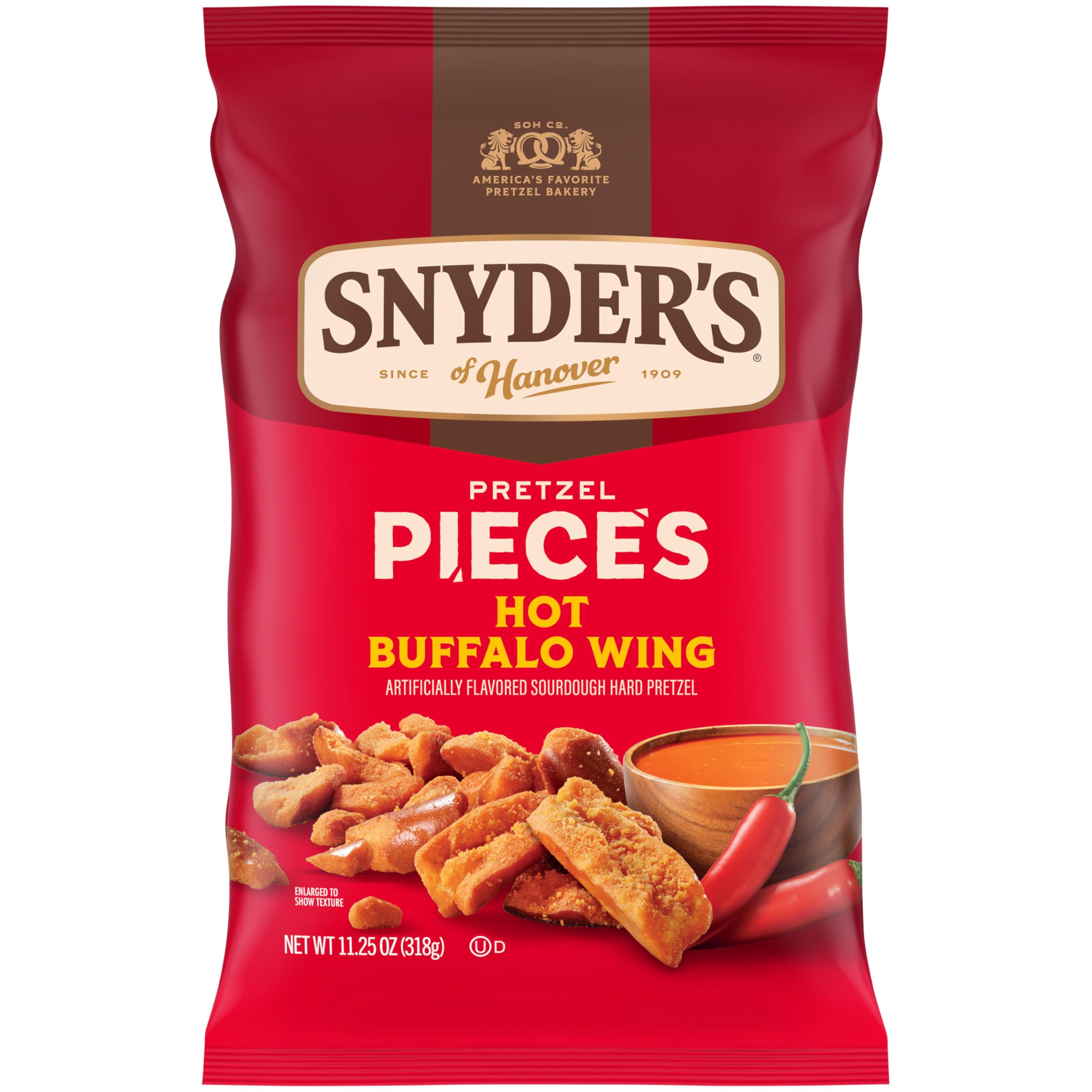 Snyder's of Hanover hot buffalo wing pretzel pieces bag for bold snacking