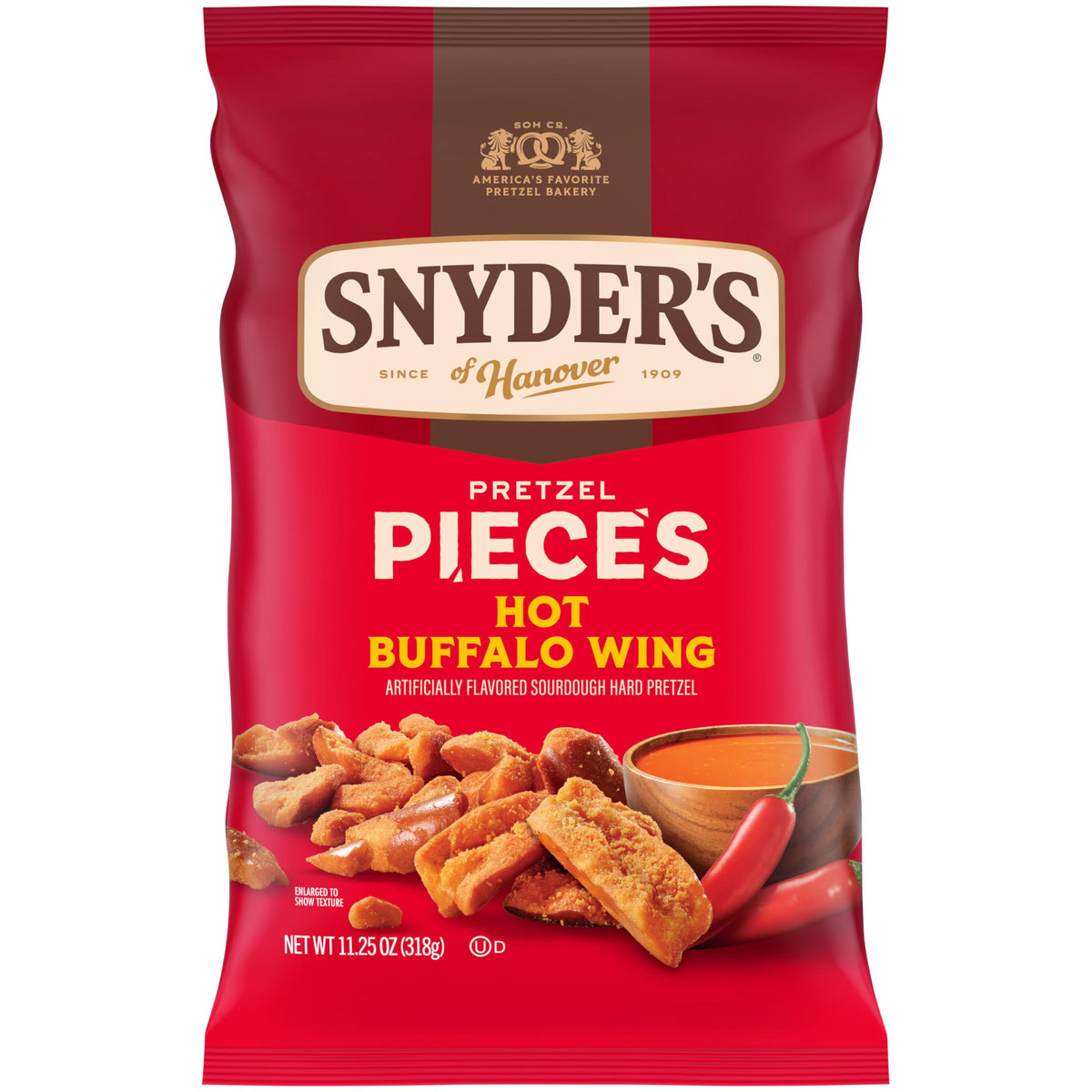 Snyder's of Hanover hot buffalo wing pretzel pieces bag for bold snacking