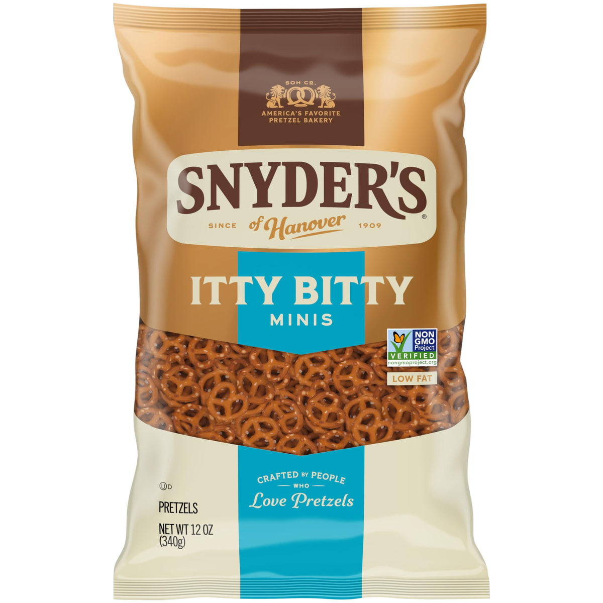 Snyder's of Hanover Itty Bitty Minis packaging closeup for convenient on-the-go snacking.