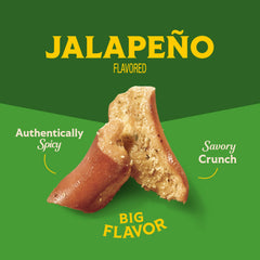 Front of Snyder's jalapeño pretzel pieces bag on kitchen counter