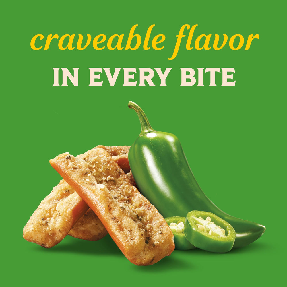 Seasoning dust on Snyder's jalapeño pretzel pieces signals bold flavor
