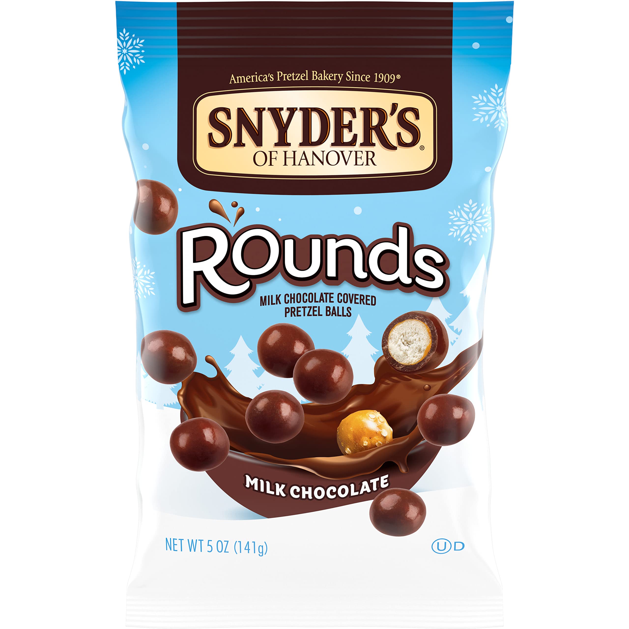 Snyder's of Hanover Milk Chocolate Pretzel Rounds pack for sharing.