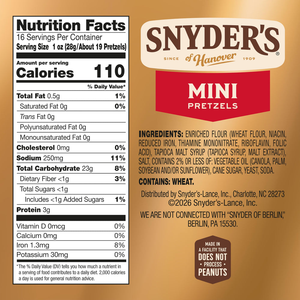 Snyder's of Hanover Mini Pretzels bite-size snack close-up—perfect crunch for lunchboxes.