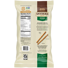 Snyder's of Hanover Sticks Pretzels—non-GMO verified, peanut-free facility.