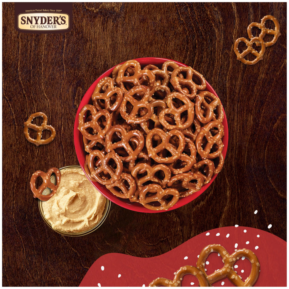 Open bag of Snyder's mini pretzels showcases shareable snack.