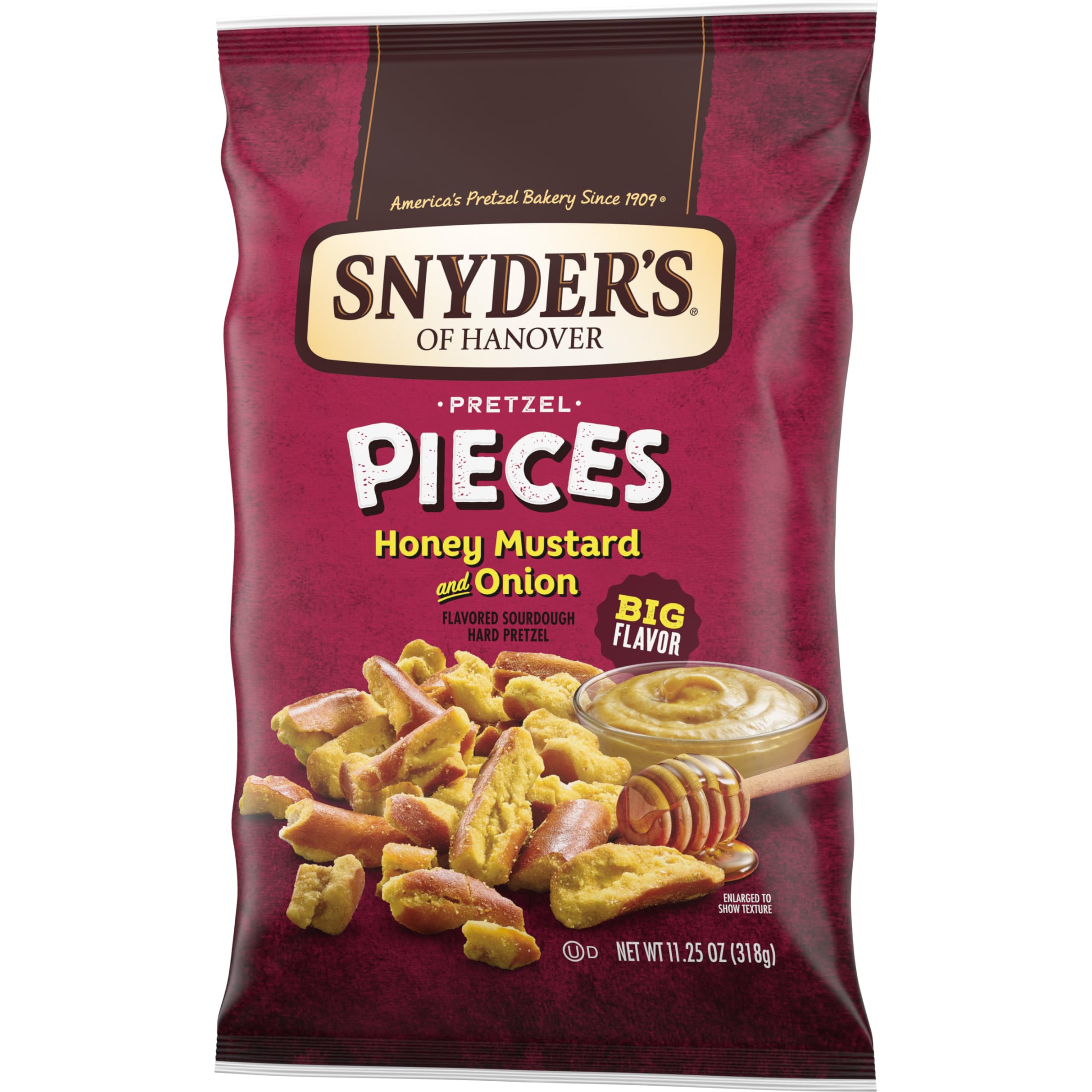 Snyder's of Hanover Honey Mustard Onion flavor shown in peanut-free facility context