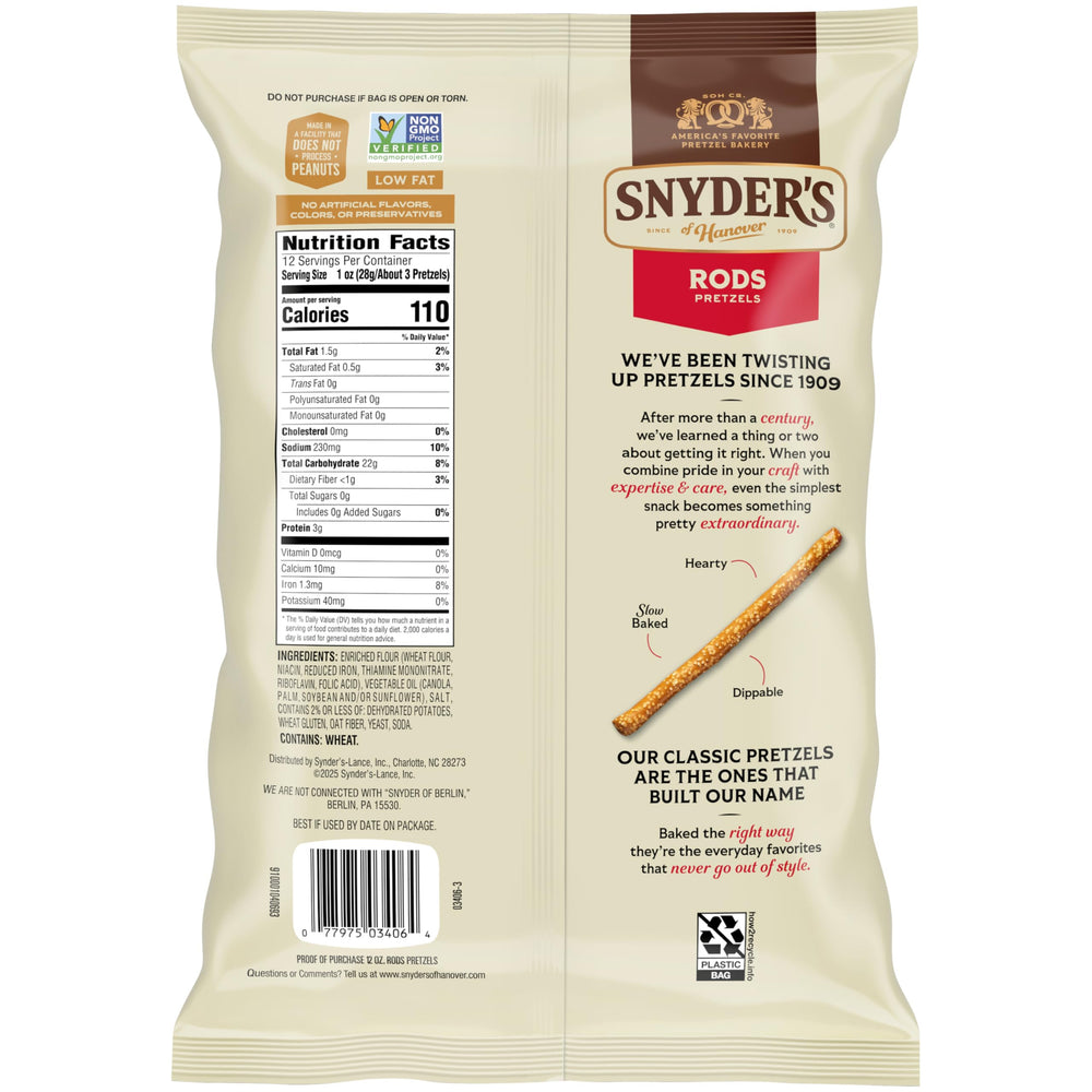 Non-GMO verified Snyder's pretzel rods are a convenient lunchbox option.