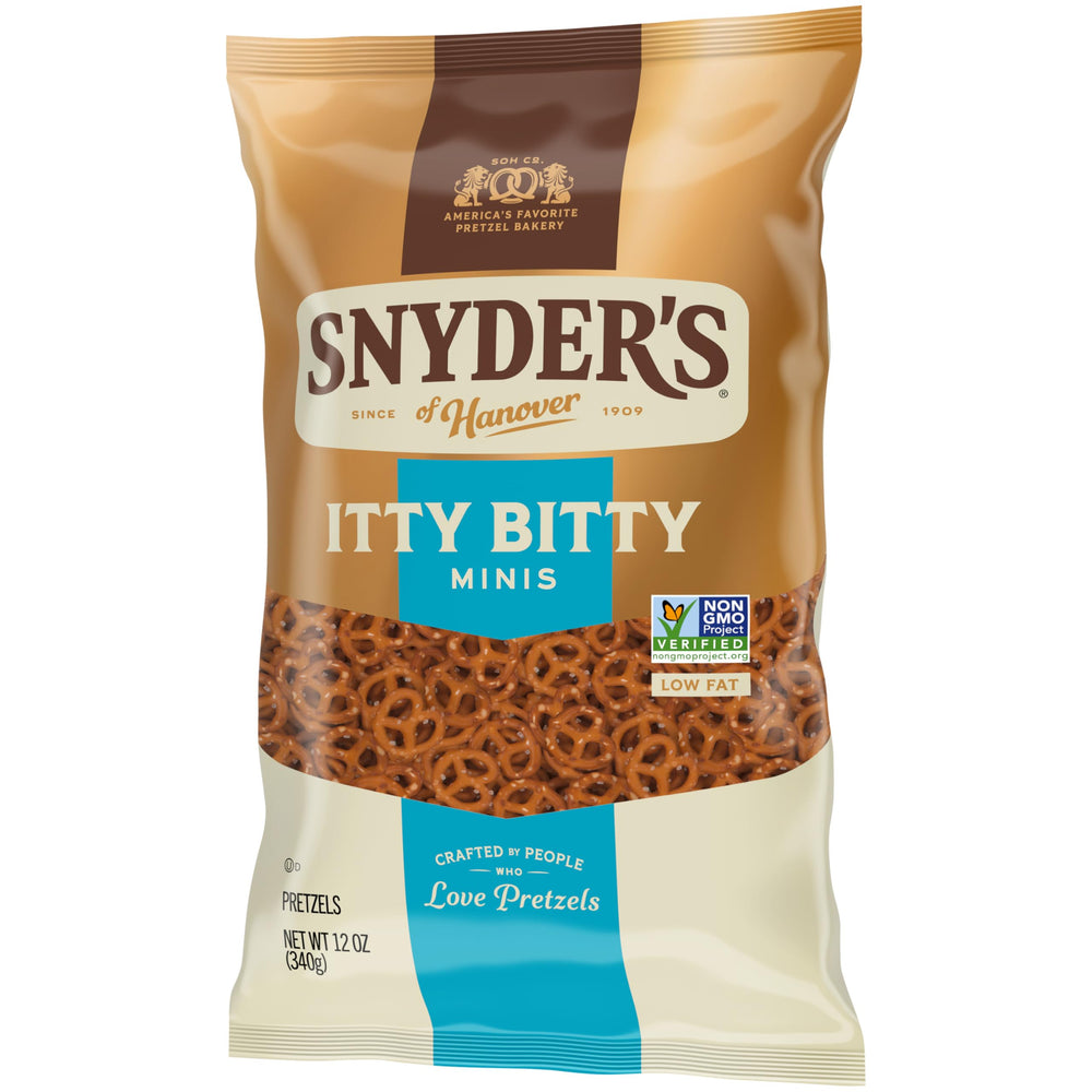Close-up of Snyder's Itty Bitty Minis for classroom or home snacking.
