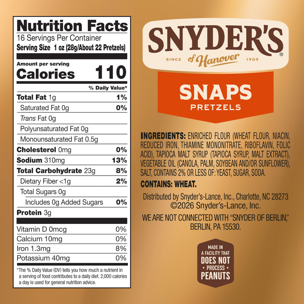 Snyder's of Hanover Snaps Pretzels checkerboard crunch highlights crisp bite.