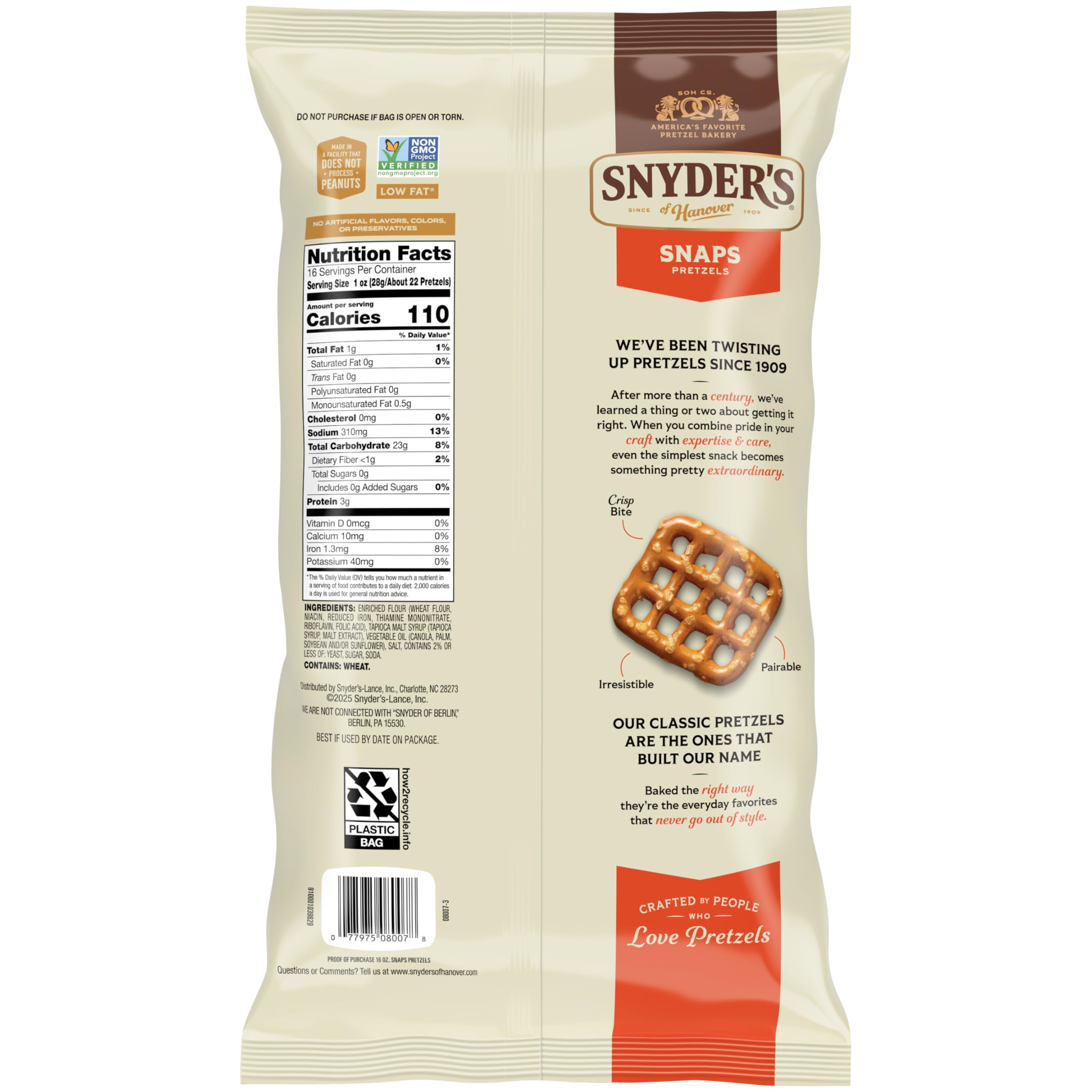 Snyder's of Hanover Snaps Pretzels golden-brown bake delivers a crunchy texture.