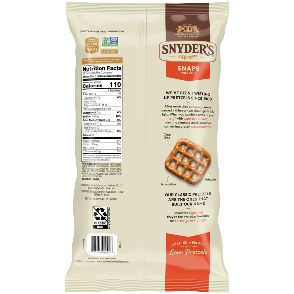 Snyder's of Hanover Snaps Pretzels golden-brown bake delivers a crunchy texture.