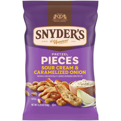 Snyder's of Hanover Sour Cream & Caramelized Onion pretzels pack shot highlighting bold flavor potential