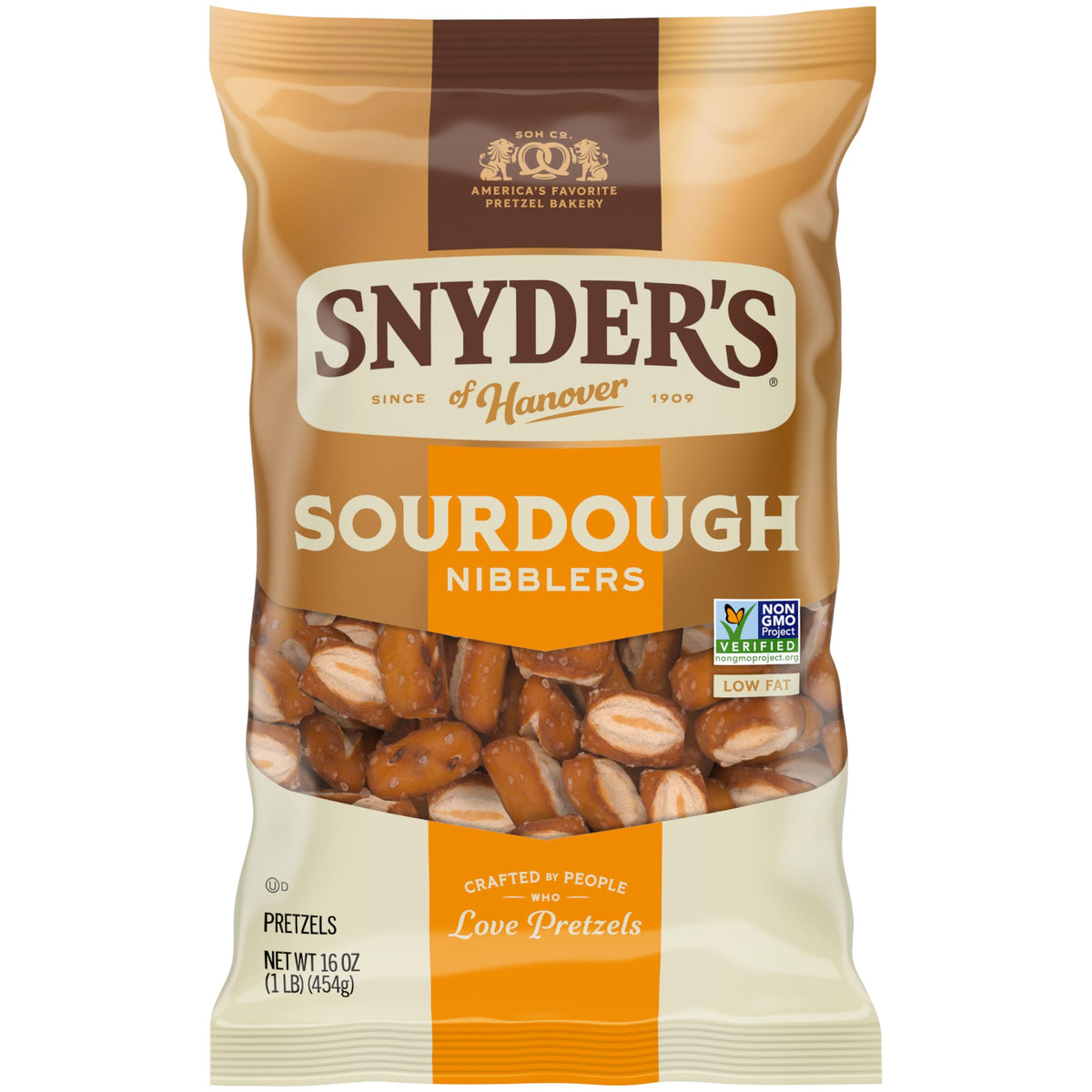 Snyder's of Hanover Sourdough Nibblers bag front, 16-ounce size ready for sharing.