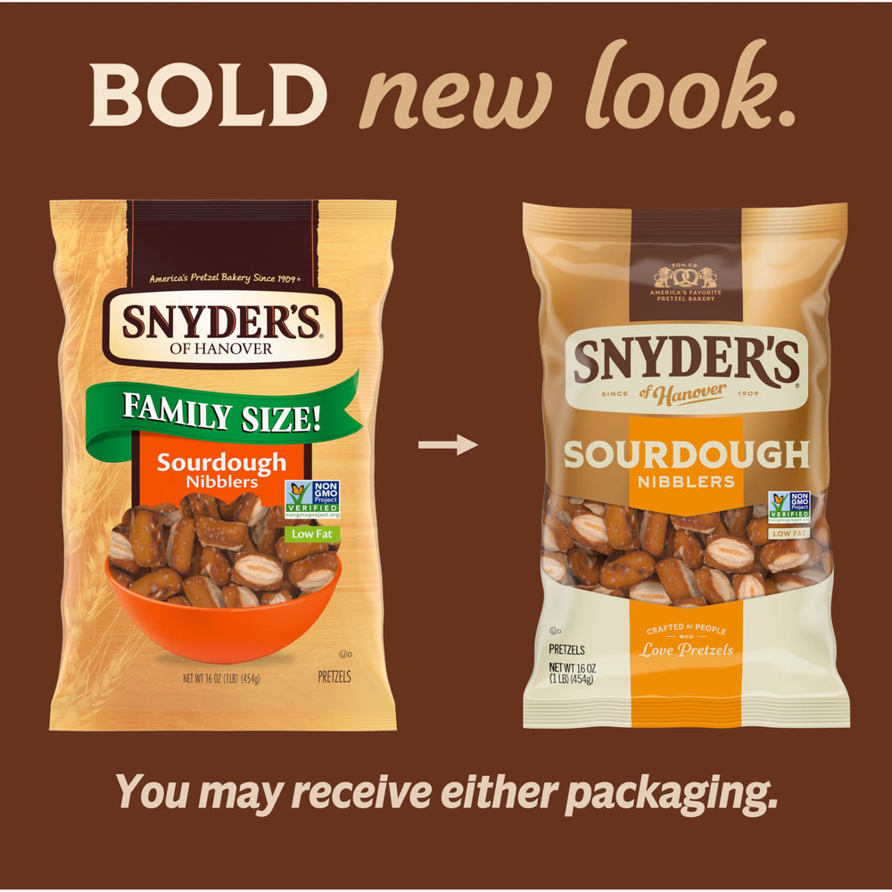 Snyder's Sourdough Nibblers feature Non-GMO verification and peanut-free facility.