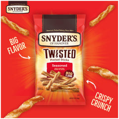 Oven-baked crisp texture highlighted on Snyder's pretzel sticks with bold seasoning.