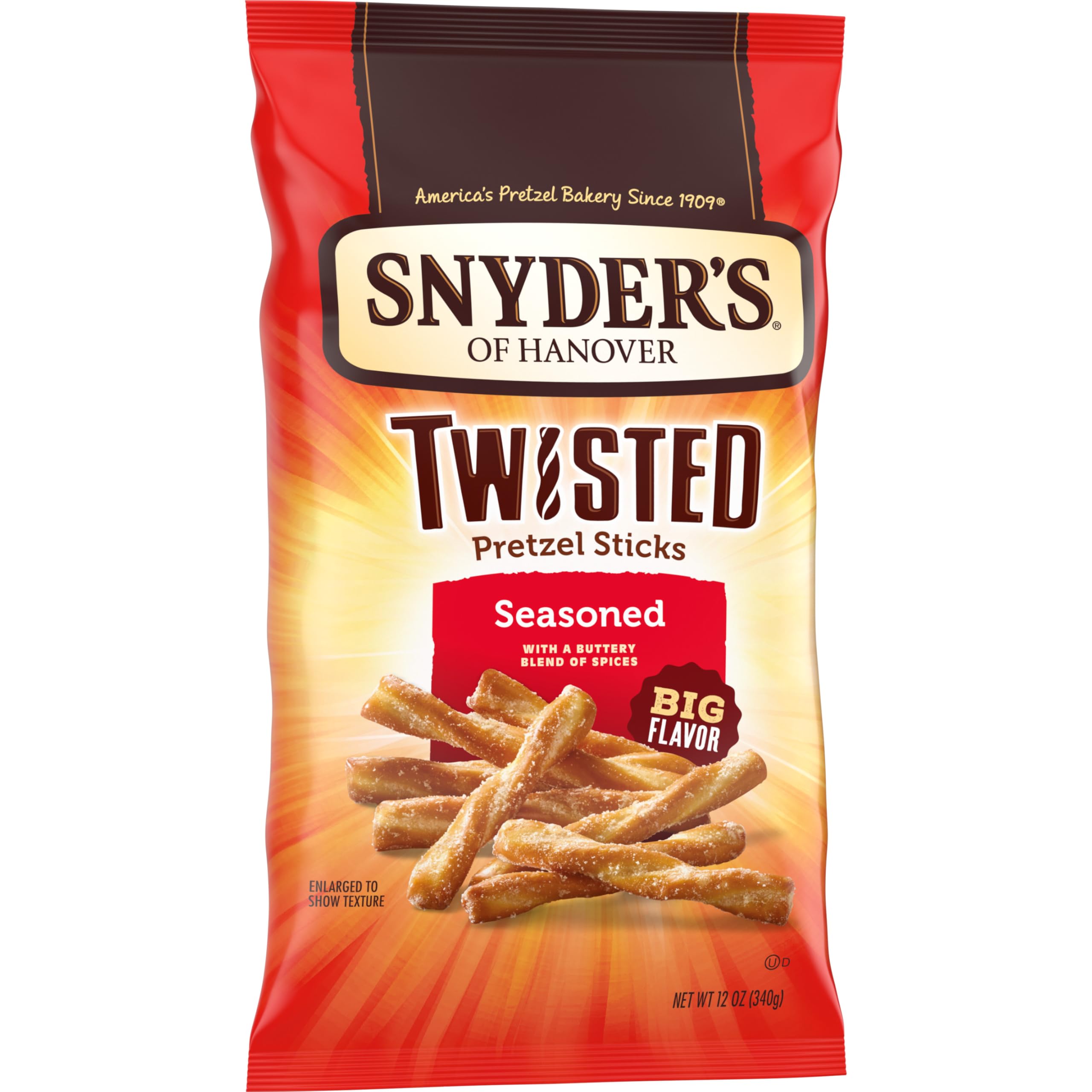 Single Snyder's pretzel stick showing airy texture and seasoning.