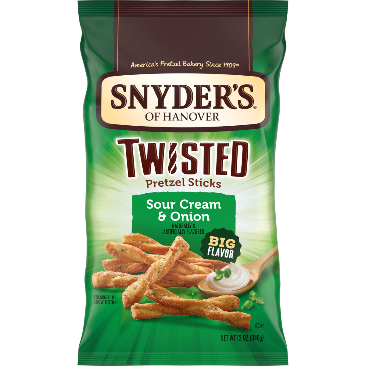 Snyder's Sour Cream & Onion Twisted Pretzel Sticks 12oz bag ready for sharing
