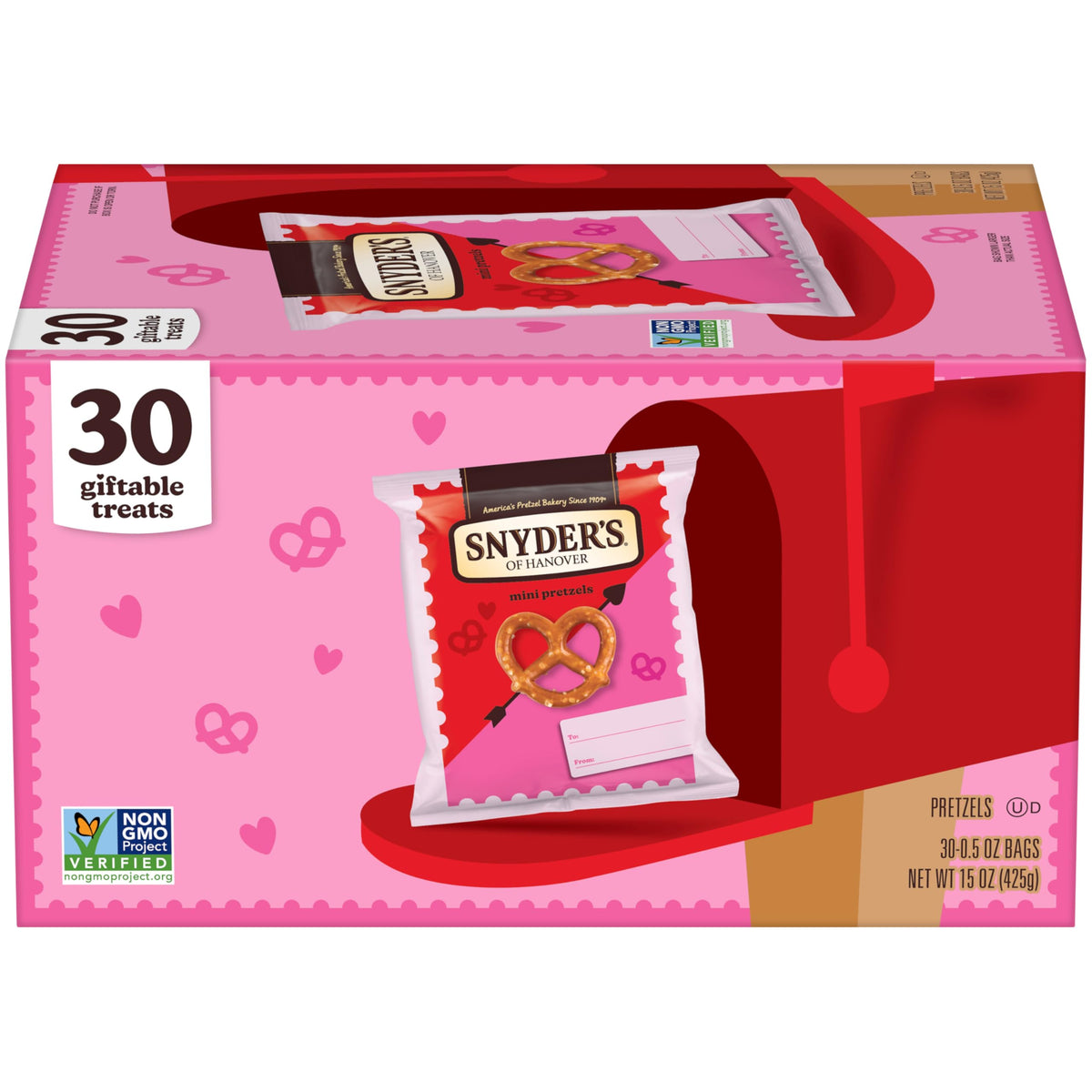 Snyder's of Hanover Valentine's mini pretzels box with 30 pouches, ready for sharing gifts.