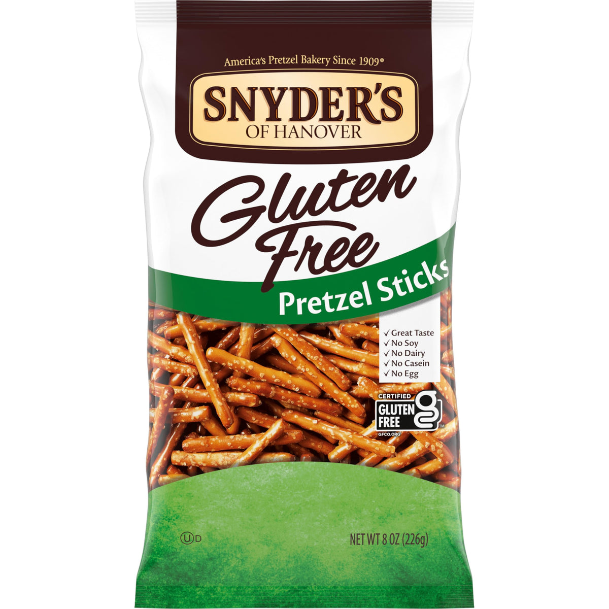 Snyder's of Hanover glutenfree-pretzel-sticks packaging showing a crisp, gluten-free snack.