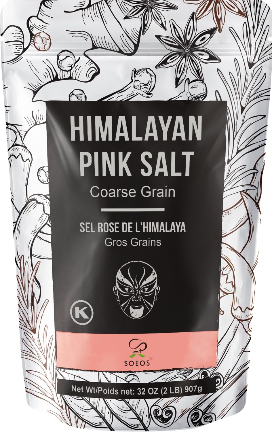 Soeos Himalayan Pink Salt coarse grains in a 2 lb bag ideal for seasoning.