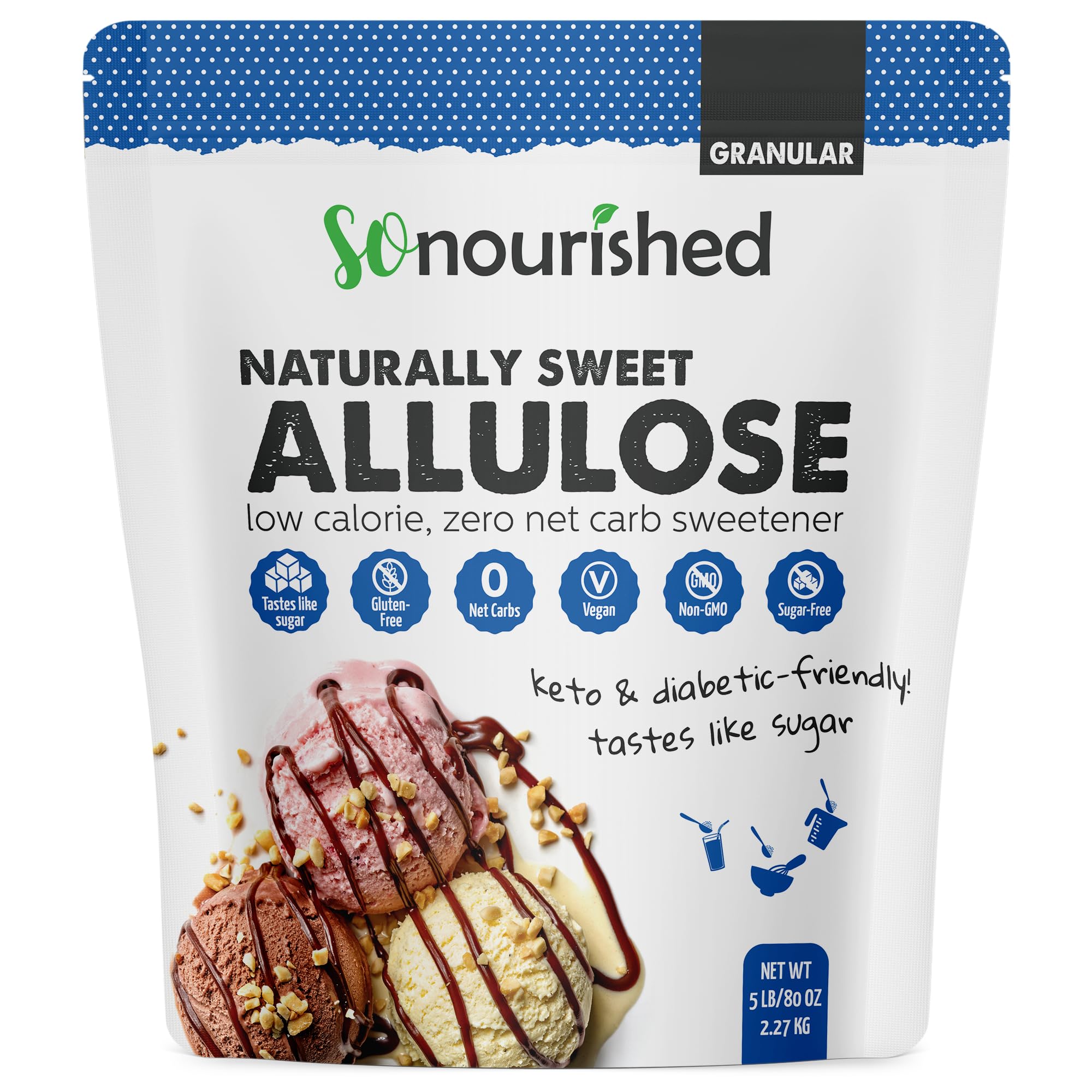 So Nourished Allulose Granular bottle pour showing smooth, calorie-free sweetness in a glass