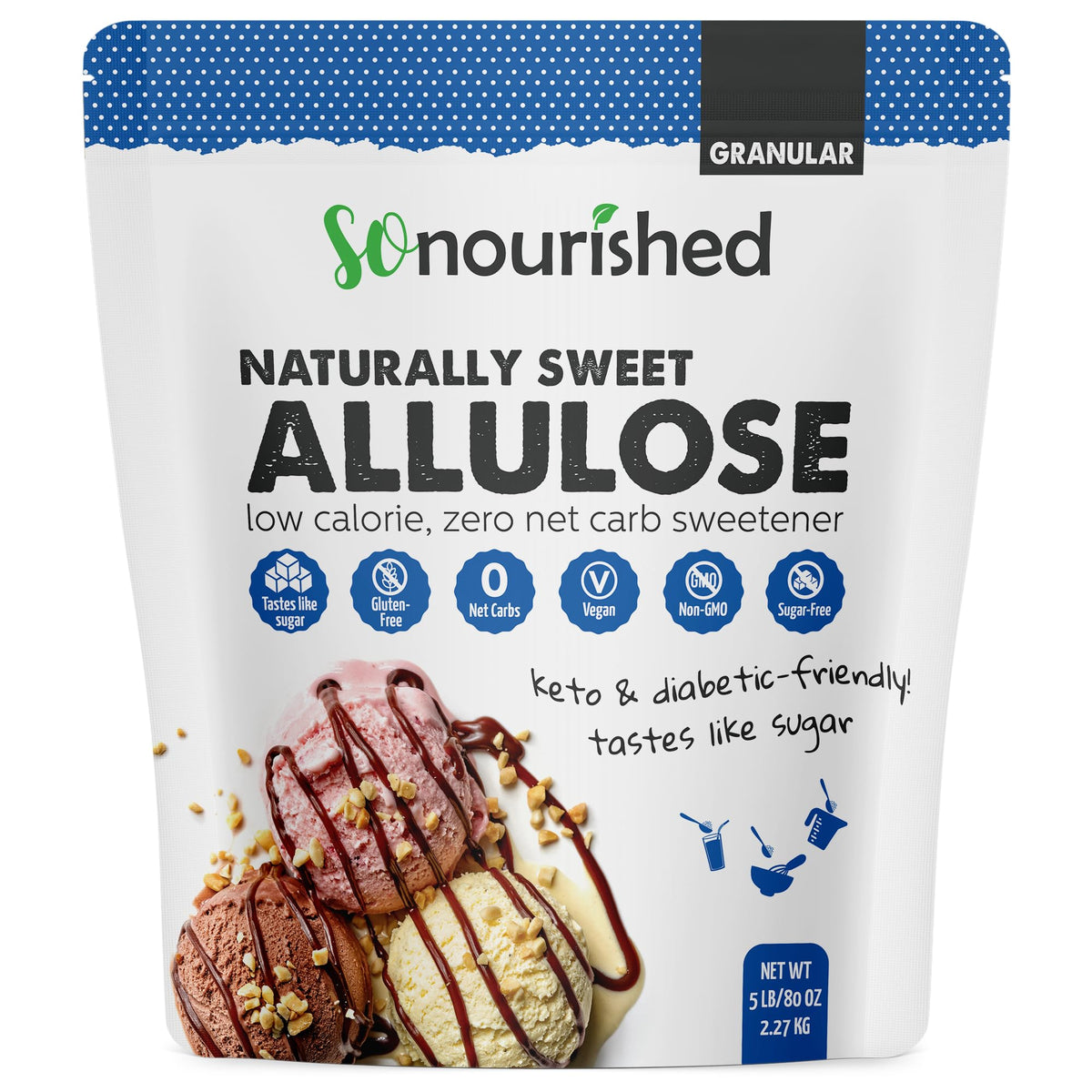 So Nourished Allulose Granular bottle pour showing smooth, calorie-free sweetness in a glass